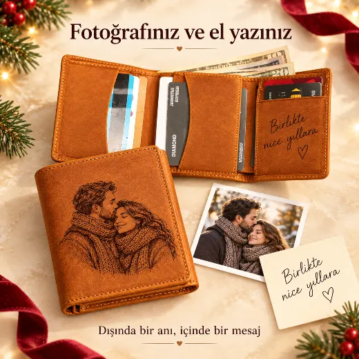 Fotoğraflı Üç Katlı Deri Cüzdan