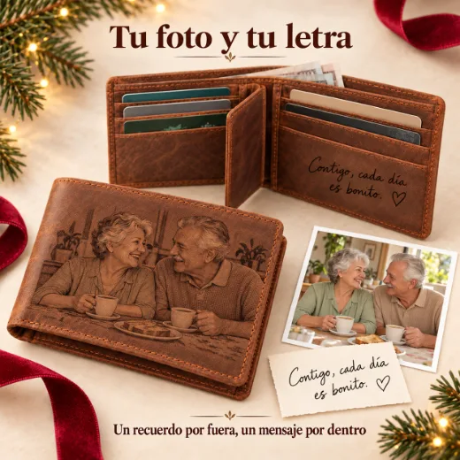 Cartera de cuero plegable con foto grabada
